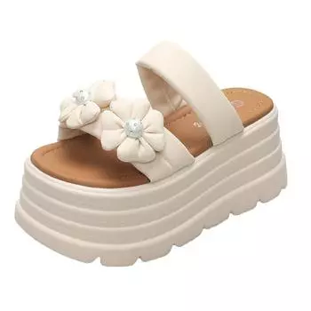 Internet celebrity double flower platform sandals women fashion heightening slippers 2025 new home wear versatile fairy style sandals 34