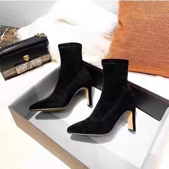 Internet celebrity elastic thin boots 2025 autumn and winter pointed thin heel sexy short boots women s black suede high heel socks boots bare boots 35