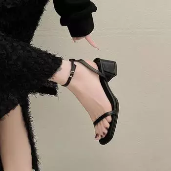 Internet celebrity explosion word with thick heel sandals women wear 2024 summer new versatile soft sole square head high heels 34 чёрный