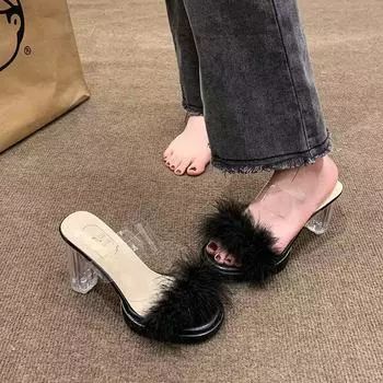Internet celebrity fairy wind fluff cool slippers female summer wear 2025 new crystal and thick heel high heel slippers 35