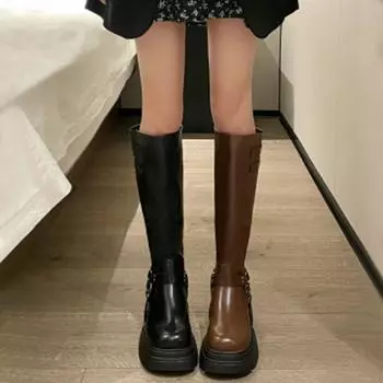 Internet celebrity fashion boots women but knee 2024 solid color autumn thick heel knight boots western tall non-slip boots tide 35 чёрный