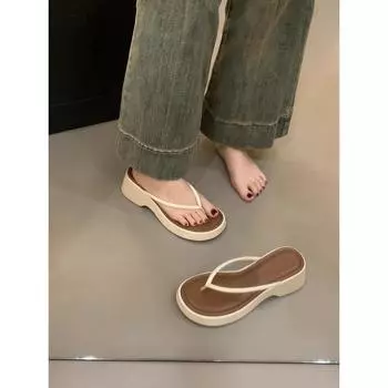 Internet celebrity fashion trend toe flip-flops shoes women summer wear flat bottom thick bottom holiday leisure beach 35 бежевый