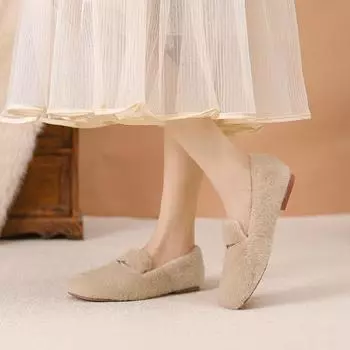 Internet celebrity fluffy shoes women s shoes wear 2024 new autumn and winter one-pedal plush warm cotton shoes suede single shoes 35 абрикосовый