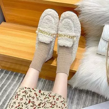 Internet celebrity fluffy shoes women wear thick-soled lamb wool shoes in winter, one pedal Doudou shoes, velvet large size women s shoes 41-43 34