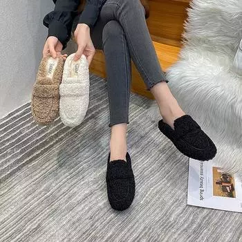 Internet celebrity fluffy slippers women wear 2024 autumn and winter bag head half tray cotton shoes winter velvet warm large size women s shoes tide 34 белый