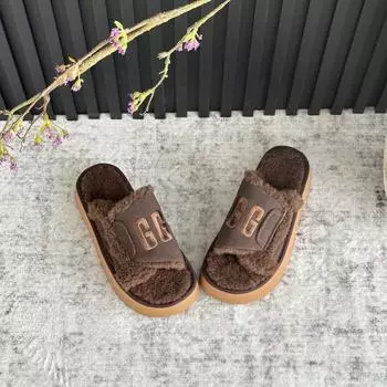 Internet celebrity fluffy slippers women wear 2024 autumn and winter explosion lamb wool embroidery flat bottom lazy one-word slippers women 35