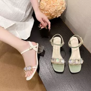 Internet celebrity French rhinestone sandals women s summer 2025 new thick heel high heels popular fashion temperament fairy style sandals 35 светло-зеленый