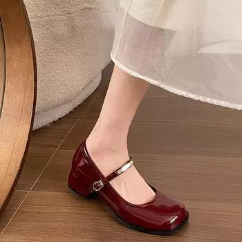 Internet celebrity French small fragrant style thick heel small leather shoes women 2025 new spring and autumn with skirt British style Mary Jan 35 чёрный