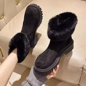 Internet celebrity fur integrated non-slip thick-soled snow boots women s winter piled and thickened 2025 new super fire warm cotton shoes 36 чёрный