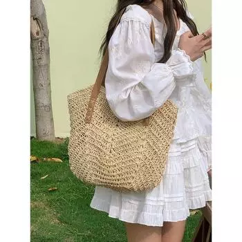 Internet Celebrity Hand-Woven Straw Woven Bag Women s Seaside Vacation Beach Woven Bag Large Capacity Work Clothing Shoulder Tote Bag Beige