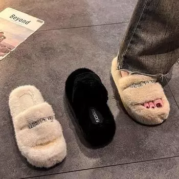 Internet celebrity high sense versatile wool slippers women 2024 autumn and winter new outer wear thick bottom heightening one word cotton drag 34 чёрный
