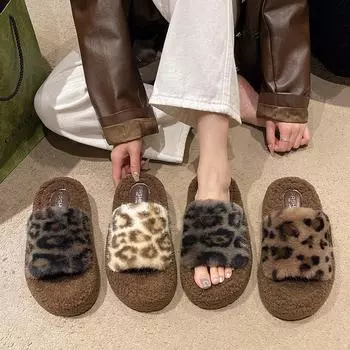 Internet celebrity leopard print thick bottom fluffy slippers women wear 2024 new autumn and winter fashion home fluffy cotton slippers 35
