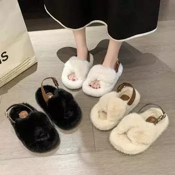 Internet celebrity Mao Mao sandals women wear 2025 autumn and winter new thick-soled Korean version open-toed Roman plush sandals women 35 абрикосовый