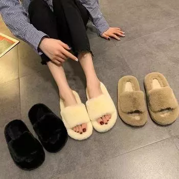Internet celebrity Mao Mao slippers female autumn and winter wear 2024 new Internet celebrity super fire fairy wind flat bottom niche cotton slippers 35 хаки