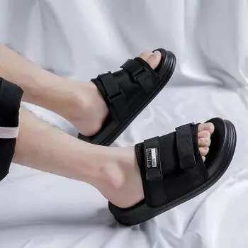 Internet celebrity men s shoes 2025 summer new men s fashion slippers trend versatile pure black beach slippers 1505-R 38 чёрный