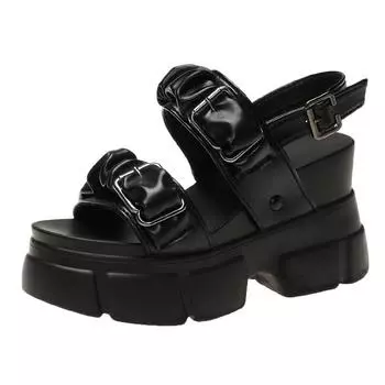 Internet celebrity pleated belt buckle slope heel cool slippers women 2025 summer new Korean version thick-soled muffin open-toed high heels women 34