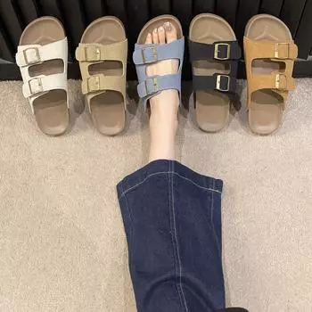 Internet celebrity premium cool slippers women 2024 summer new Korean version of fashion versatile casual flat bottom belt buckle slippers 35 чёрный