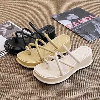 Internet celebrity set toe pinch foot muffin thick bottom cool slippers women s summer wear 2025 new slope heel versatile fashion trend 35