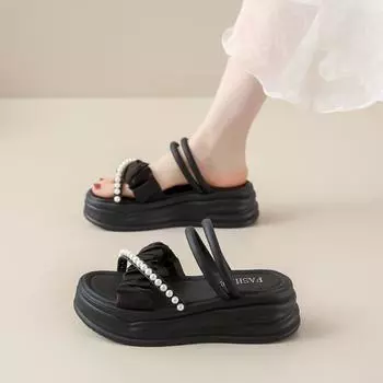 Internet celebrity slippers women wear summer French high sense 2025 new holiday beach cool slippers thick bottom super fire 35 хаки