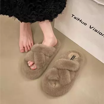 Internet celebrity soft-soled slippers women s wear 2025 autumn and winter new versatile retro comfortable foreign thick-bottomed hair mop 35 чёрный