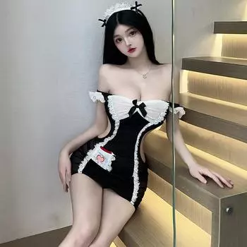 Стиль интернет-знаменитости, сексуальное прозрачное белье, костюм горничной, облегающий бедра, для настроения, забавный цельный костюм горничной для косплея One Size [80-120]