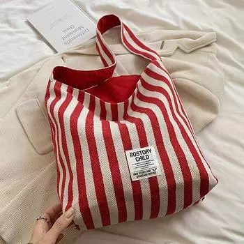 Internet Celebrity Summer Best Selling Canvas Bag Women s Large Capacity 2025 New Arrival Casual Shoulder Bag Stripes Work Clothing Bucket Bag Red