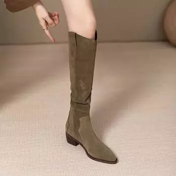 Интернет знаменитости супер горячие ковбойские сапоги женские остроносые толстые каблуки сапоги 2025 новые высокие сапоги с рукавами 35 хаки