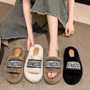 Internet celebrity thick-bottomed fluffy slippers women s fashion 2024 new autumn and winter warm cotton tow explosion one-word tow 35