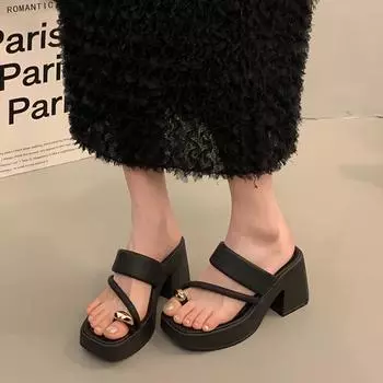 Internet celebrity thick heel cool slippers women wear 2024 new summer high heel set toe fashion slippers thick sole small sandals 35 чёрный