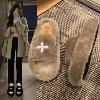 Internet celebrity thick-soled fluffy slippers women s 2025 winter new versatile one-word open-toed cotton slippers indoor thermal slippers 35 чёрный