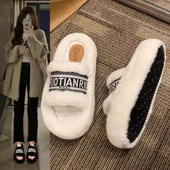 Internet celebrity trendy brand Mao Mao slippers women s 2025 autumn and winter new thick-bottomed open-toed slippers wear warm cotton slippers 35