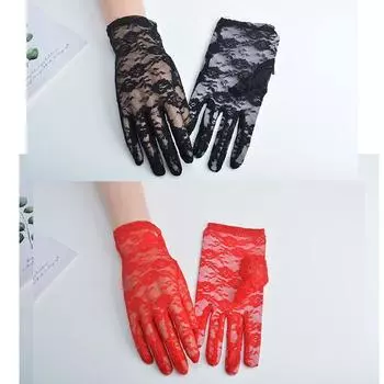 Internet Celebrity Wedding Women s UV Protection Gloves Lace 1 Double Black +1 double red All yards