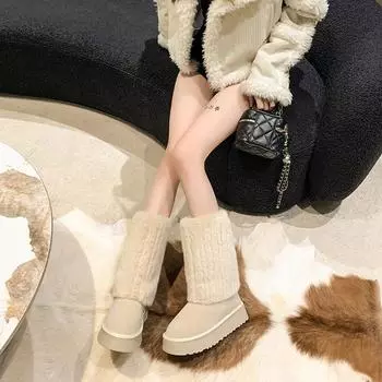 Internet celebrity white high tube warm snow boots women s 2024 new winter non-slip velvet thickened platform cotton shoes 35 бежевый