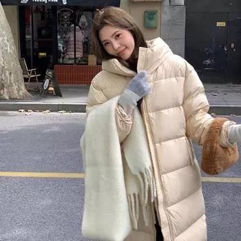 Интернет-знаменитость белая куртка-пуховик для женщин 2024 года, новое среднее и длинное свободное утолщенное зимнее пальто до колена S (90~ 60 kg) бледно-розовый