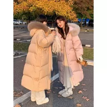 Интернет знаменитость большой меховой воротник белый утиный пуховик женский 2024 новый зимний средний и длинный пуховик женский S чёрный