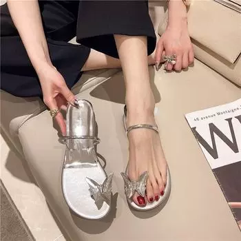 Интернет знаменитость фея ветер прохладные тапочки женский носок внутренняя часть увеличение плоский низ бабочка стразы пряжка рукав носок низкий каблук наружная одежда a word 35