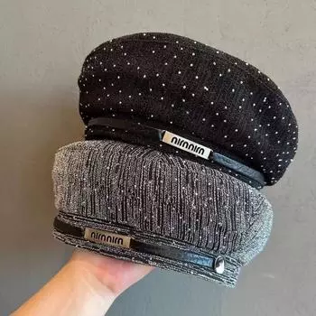 Интернет знаменитость горный хрусталь ковбойский берет женский корейский вариант модный ручной работы горячий бриллиантовый бутон шляпа показать лицо маленькая британская шляпа художника M56-58cm