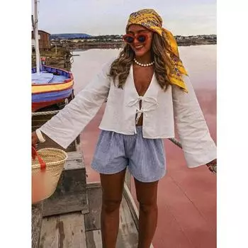 Интернет-знаменитость Горячий стиль Глубокий V-образный вырез с рукавами-трубами на бретелях S белый