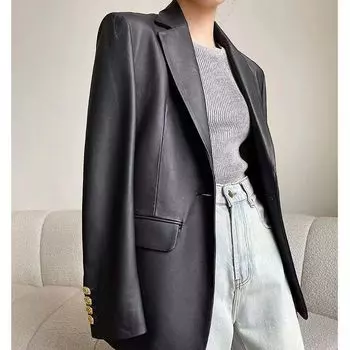 Интернет знаменитость кожаная куртка женская блейзер весна и осень новый свободный черный pu темперамент маленький костюм топ S 90-50 kg чёрный