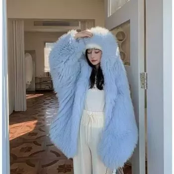 Интернет знаменитость ленивый ветер с капюшоном искусственная лисья шерсть новый длинный мех пальто искусственный мех плюш зима молодой XS белый