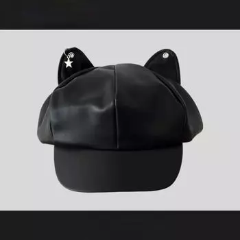 Интернет знаменитость милая шляпа уши изогнутые поля кепка из искусственной кожи литературный ретро осень и зима восьмиугольная шляпа прилив M56-58cm чёрный