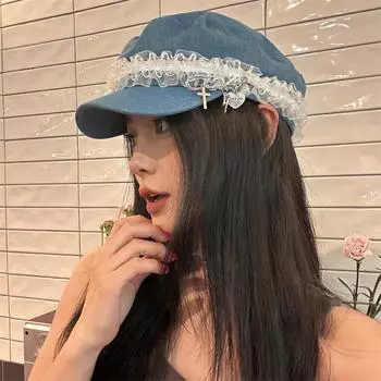 Интернет знаменитость милая военная шляпа ковбой милая маленькая шляпа женское лицо пуговица булавка улица ins кружево восьмиугольная шляпа нишевый художник M (56-58cm lace flat top hat metal pendant) светло-синий