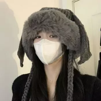 Интернет-знаменитость милые кроличьи ушки вязаная плюшевая шапка Lei Feng детская осенне-зимняя теплая утолщенная защитная шапка для ушей пушистая холодная шапка M56-58cm темно серый