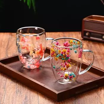 Интернет-знаменитость Настоящий цветок сухоцвет двухслойная стеклянная кружка термостойкая и высокоэстетичная кружка с изображением струящегося песка и звездного неба с молоком жёлтый