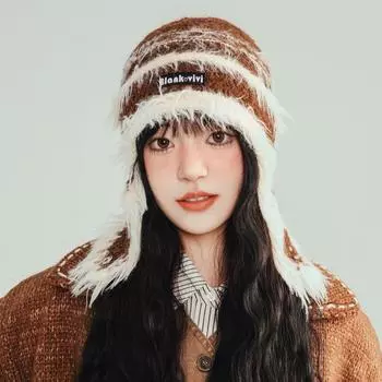 Интернет-знаменитость, подходящая по цвету полосатая плюшевая ворсовая шапка для детей, осень и зима, большая окружность головы, шерстяная шапка, теплая защита для ушей M56-58cm синий