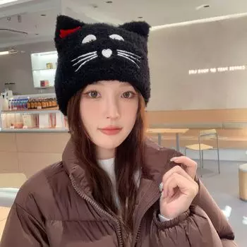 Интернет-знаменитость шапка женская осень и зима универсальная бархатная утолщенная теплая защита ушей милая вязаная шерстяная шапка женская модная кошечка M (56-58cm) kitten plush bow