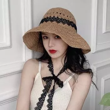 Интернет знаменитость соломенная шляпа женская летняя пляжная шляпа с большими полями солнцезащитный козырек для отдыха тканая морская кружевная тесьма M56-58cm хаки
