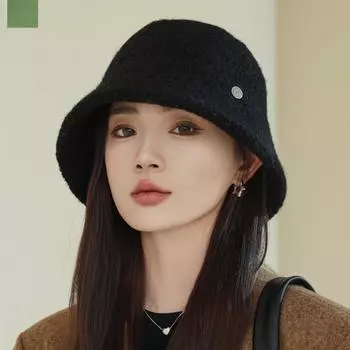 Интернет-знаменитость Сяохуншу рекомендует детскую шляпу-ведро из гранулированной шерсти с широкими краями, солнцезащитный козырек для маленького лица, теплая осенне-зимняя шапка M56-58cm чёрный