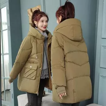 Интернет знаменитость средняя и длинная свободная с капюшоном хлопковая женская зимняя одежда теплая маленькая хлопковая одежда повседневная куртка M recommends about 85-55 kg хаки