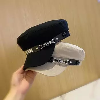 Интернет знаменитость темно-синяя шляпа женская иностранный стиль универсальный британский ветер и вода ромбовидная кожаная пряжка кепка плоская верхняя часть модная шляпа женская Adjustable